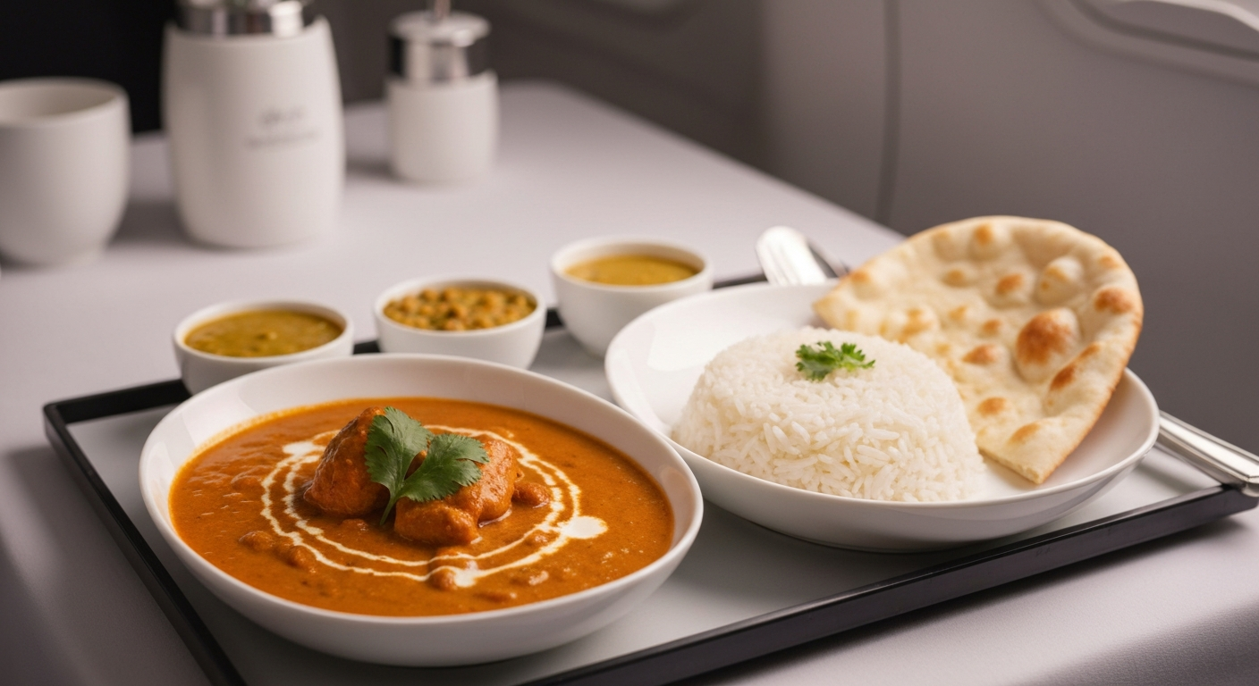 A beautifully plated, gourmet Indian chicken curry dish with basmati rice, garnished with fresh herbs, suitable for a first-class airline dining experience.