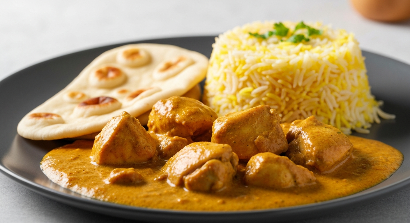 A perfectly plated, vibrant Indian Butter Chicken meal with saffron rice and naan on a modern airline tray table, viewed from above, showcasing professional food photography.