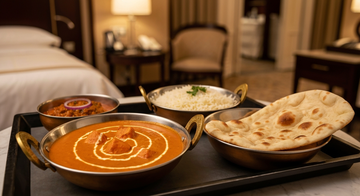 Appetizing professional photography of a gourmet Indian meal served in a hotel room setting, with a rich curry, fragrant basmati rice, and a side of naan bread on a tray, ready for a guest.