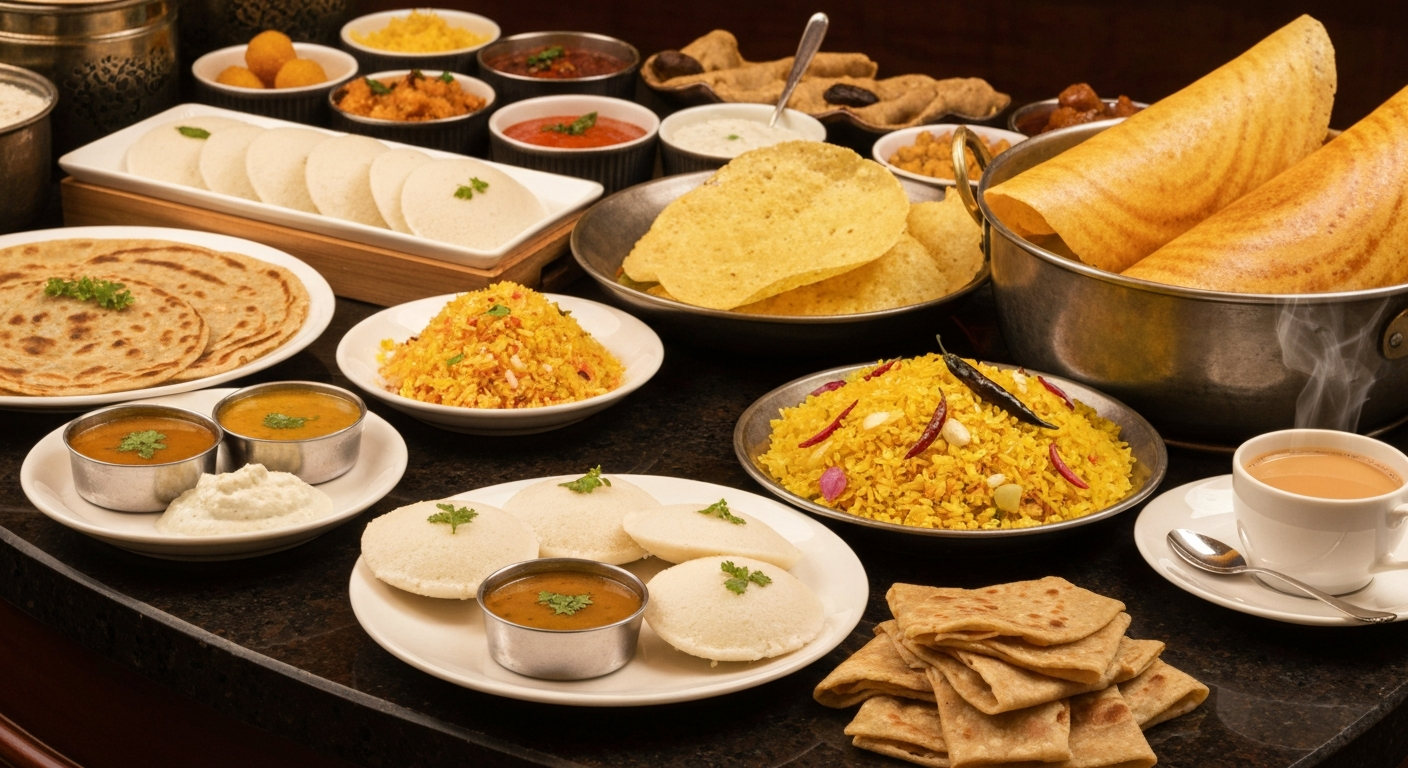 A diverse and colorful Indian breakfast buffet spread in a high-end hotel, featuring idli, dosa, sambar, various chutneys, poha, parathas, and a cup of chai.