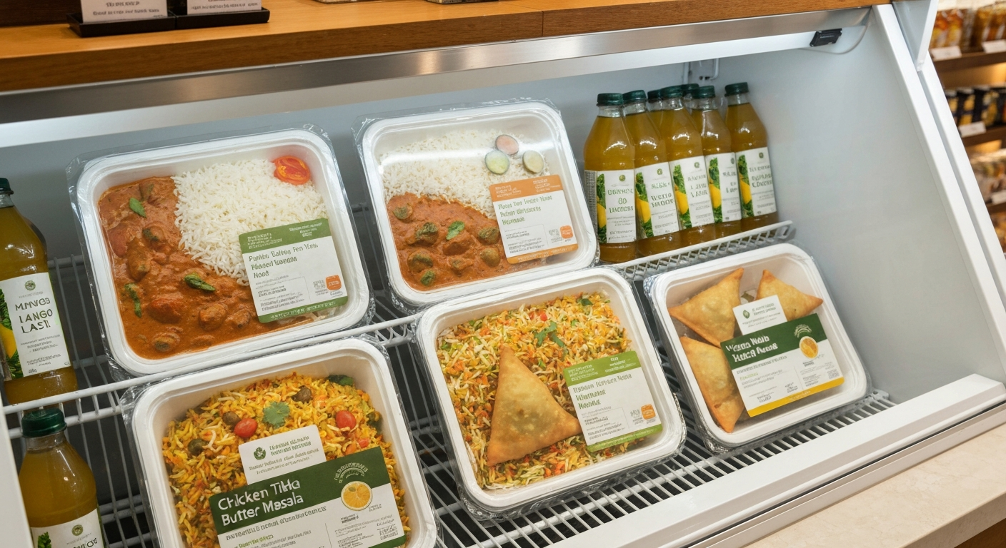 Assortment of vibrant Indian grab-and-go meals in clear, modern packaging, displayed in a hotel lobby market cooler.
