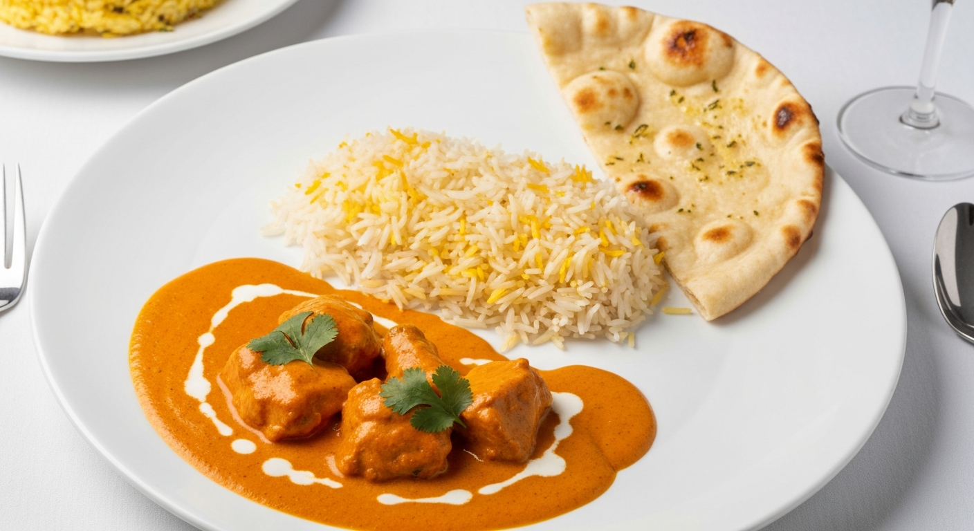 A luxurious, perfectly plated Indian Butter Chicken meal with saffron rice and naan bread, suitable for first-class airline dining, presented on a white serving dish.