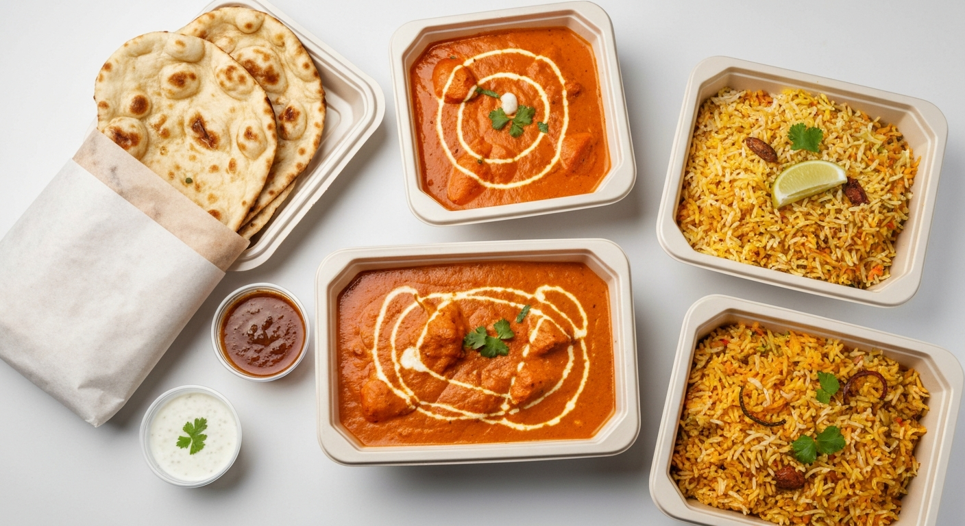 An appetizing overhead shot of various Indian dishes packaged in high-quality, modern takeout containers, including butter chicken, biryani, naan, raita, and chutney.