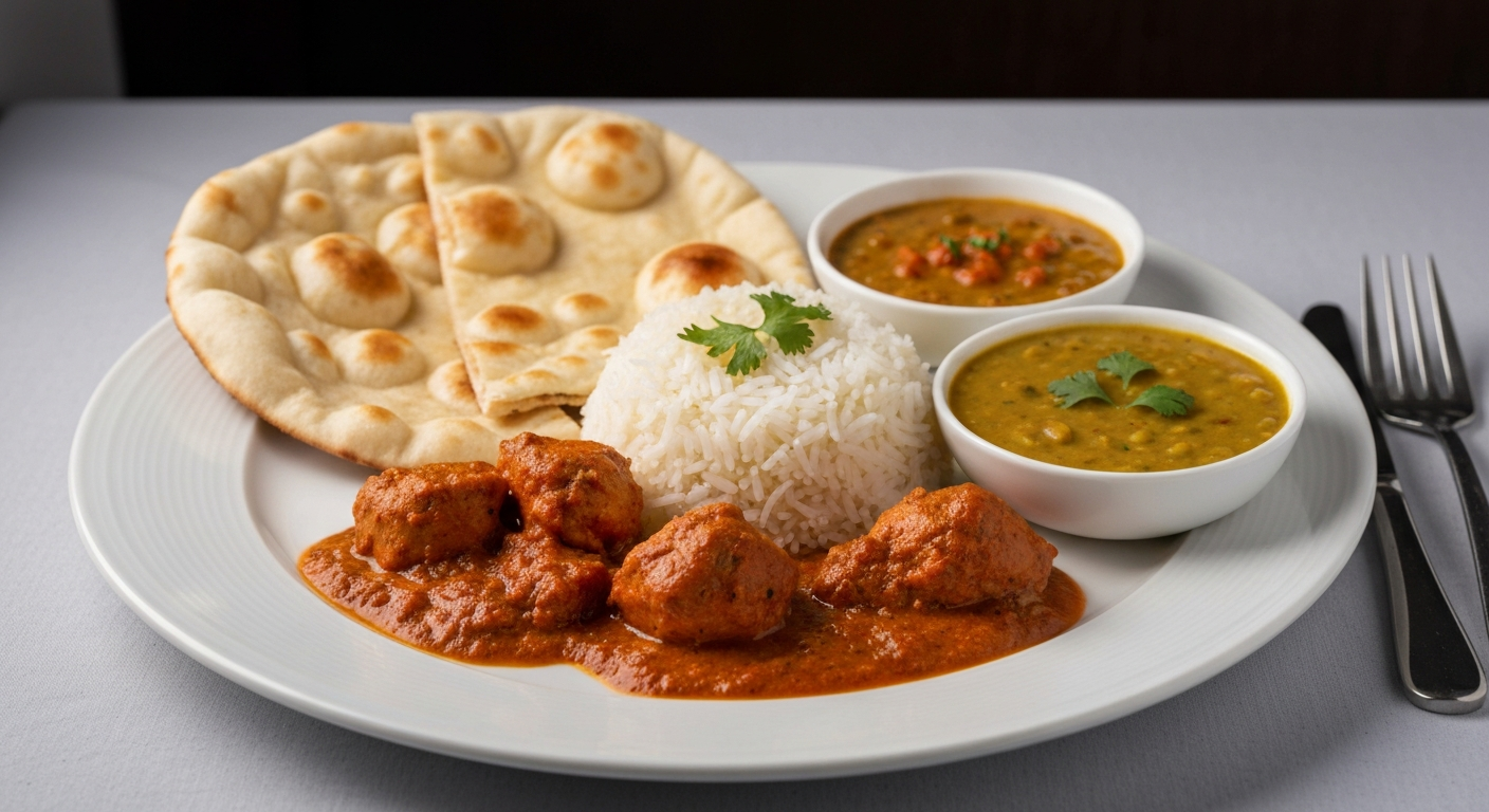 A beautifully plated, authentic Indian meal featuring chicken tikka masala, basmati rice, warm naan bread, and a side of dal, arranged on a professional white plate for high-end airline or cruise dining.