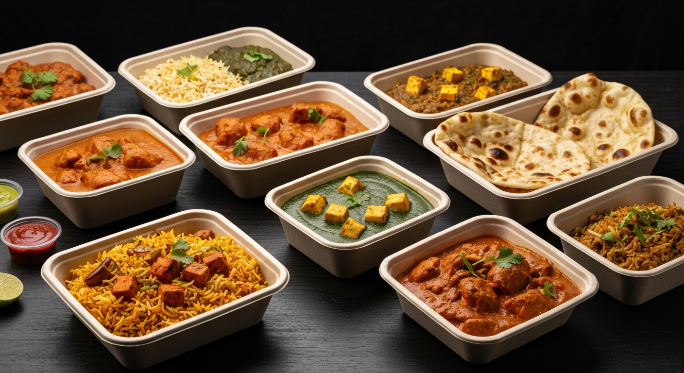 A collection of vibrant, professionally plated Indian dishes, including a rich chicken tikka masala, a creamy paneer dish, and fluffy basmati rice, arranged in elegant, eco-friendly delivery containers on a dark wooden surface.