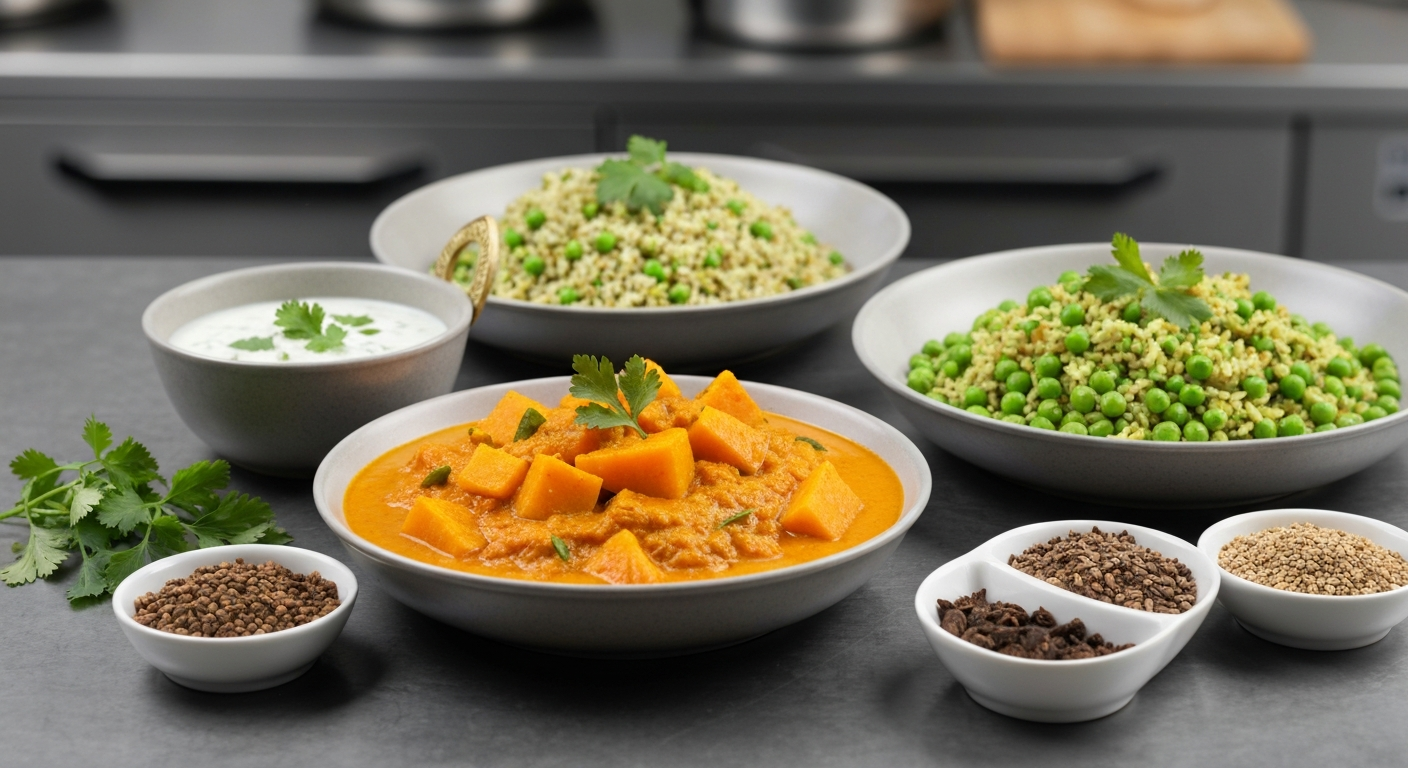 An artfully arranged spread of colorful Indian dishes, including a vibrant orange seasonal pumpkin curry, a fresh green pea pulao, and various chutneys and spices, set on a rustic wooden table in a professional kitchen setting.