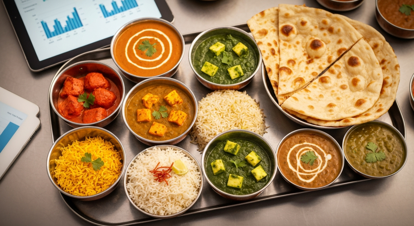 A vibrant, chef-grade Indian thali platter with butter chicken, palak paneer, dal makhani, basmati rice, and naan, on a professional kitchen counter.
