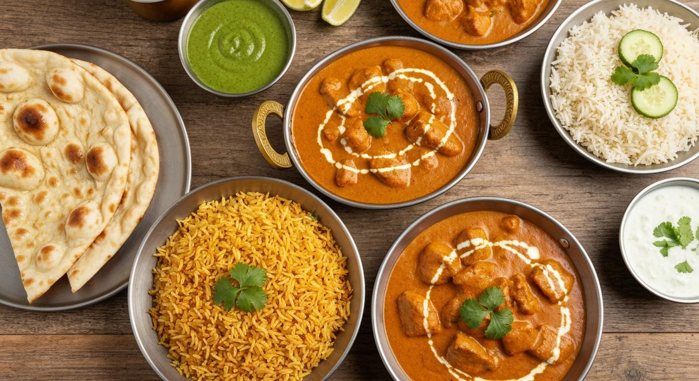 Overhead shot of various vibrant Indian dishes arranged on a rustic wooden table, including a rich chicken tikka masala, fluffy basmati rice, warm naan bread, and small bowls of colorful chutneys and raita. The lighting is warm and inviting, highlighting the textures of the food.