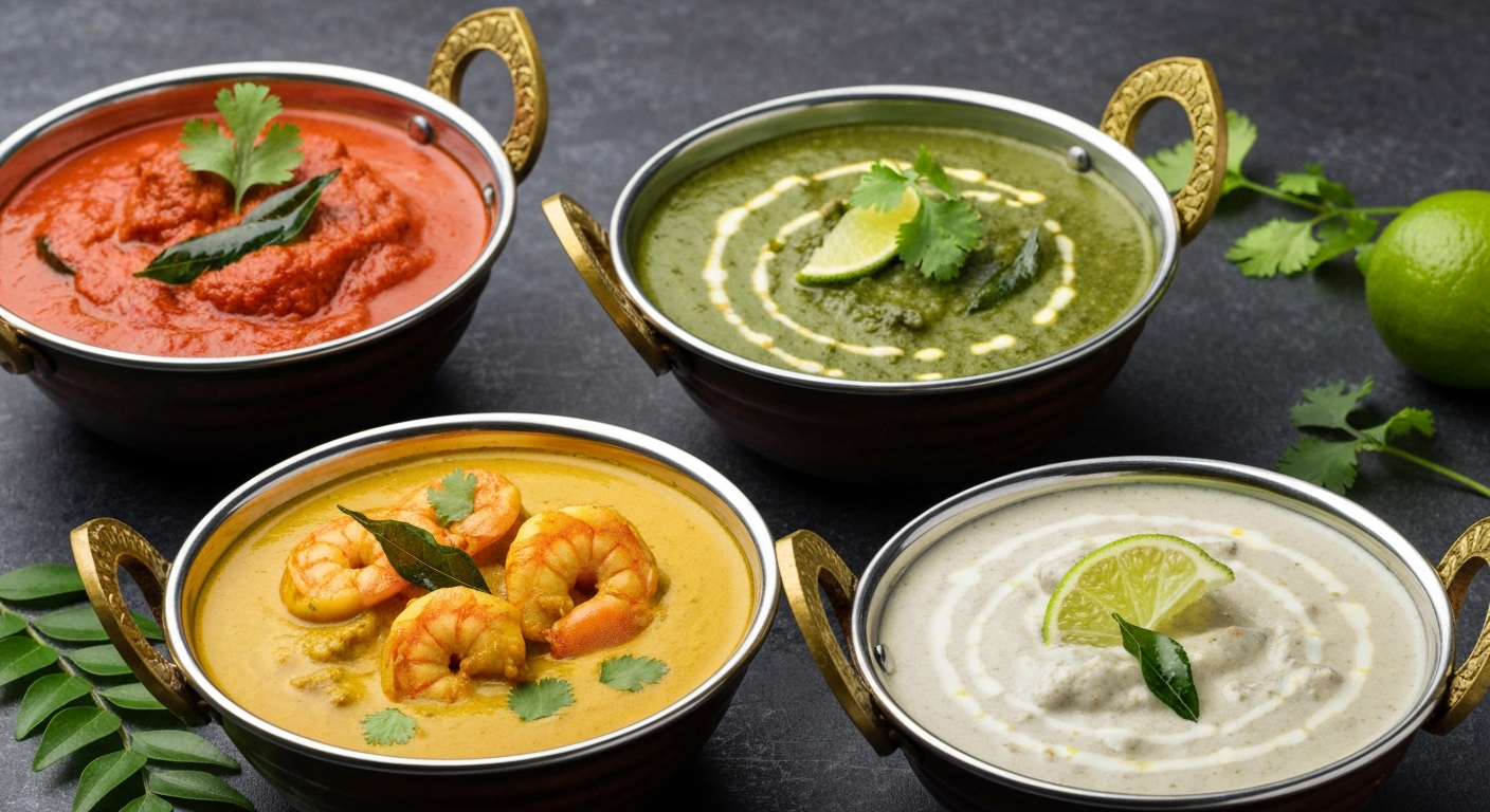 Assortment of vibrant, authentic regional Indian curries and gravies, garnished with fresh herbs, showcasing diverse colors and textures, ready for professional kitchen use.