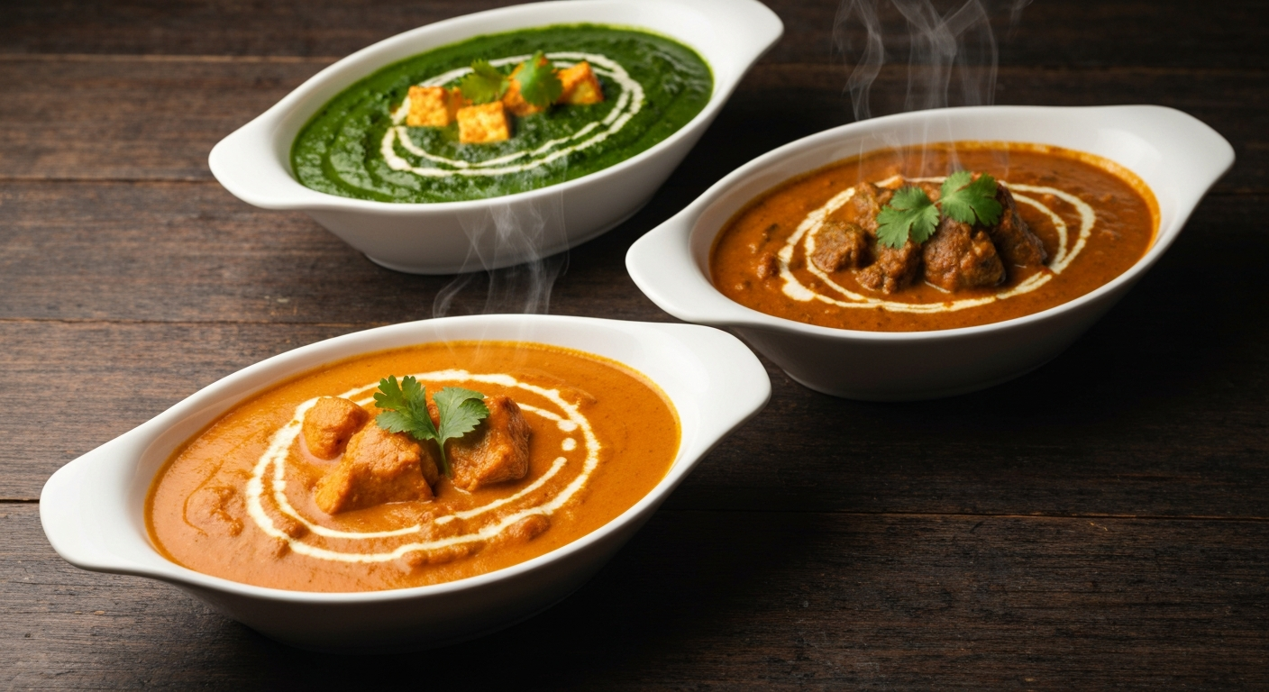 A close-up shot of several vibrant Indian curries in professional serving bowls, garnished with fresh herbs, ready for a hotel buffet or room service setting, showcasing rich textures and colors.