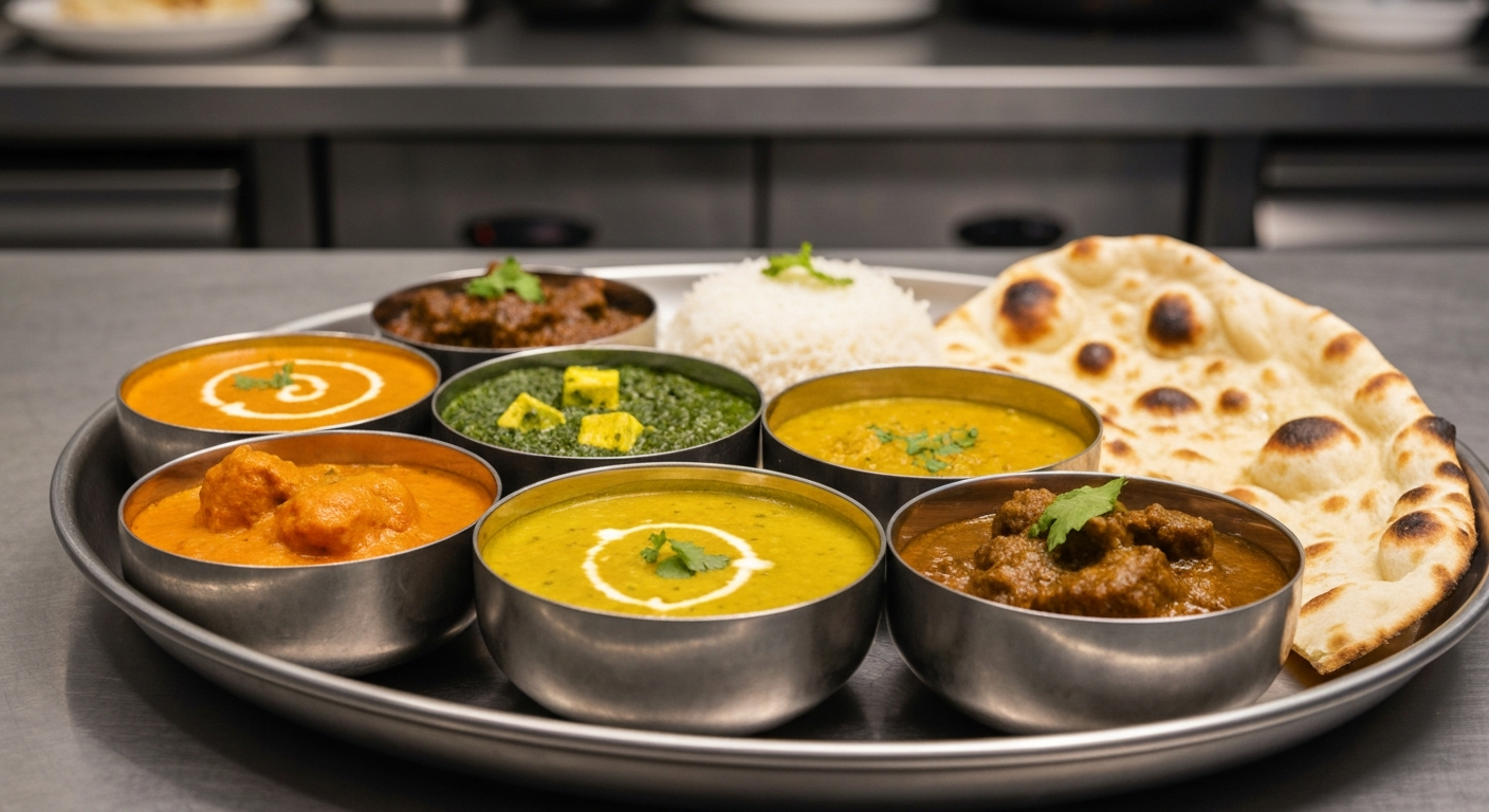 A vibrant and elegantly plated Indian thali, showcasing a variety of traditional dishes like butter chicken, palak paneer, and dal makhani, served in small, round bowls alongside fluffy basmati rice and fresh naan bread, all professionally arranged on a dark wooden table in a restaurant setting.