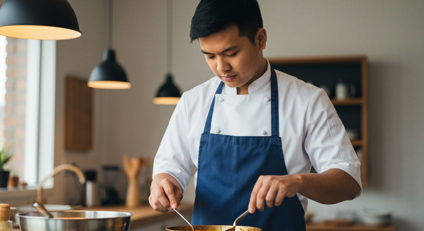 Chef's hands adding fresh cilantro to a bubbling, rich Indian curry in a stainless steel pot, showcasing authentic Indian cuisine preparation in a professional kitchen.
