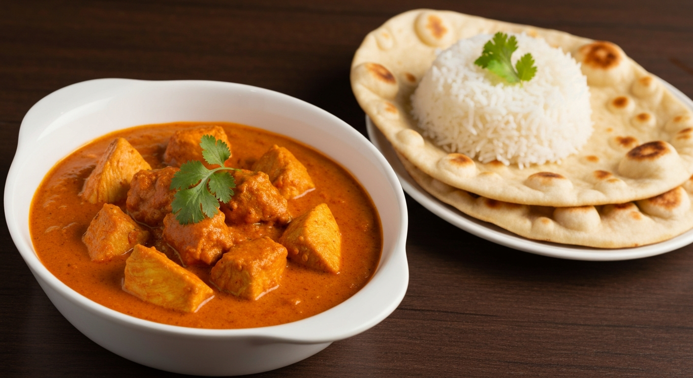Close-up of a perfectly plated Chicken Tikka Masala dish, garnished with fresh cilantro, alongside a bowl of fluffy basmati rice and warm naan bread, in a professional restaurant setting.