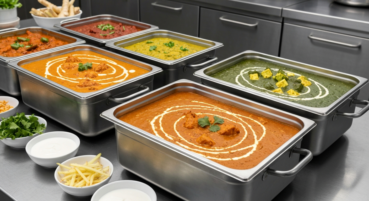 A vibrant array of Indian curries and gravies in professional stainless steel containers, ready for assembly in a busy ghost kitchen environment, with various spices and fresh herbs nearby.