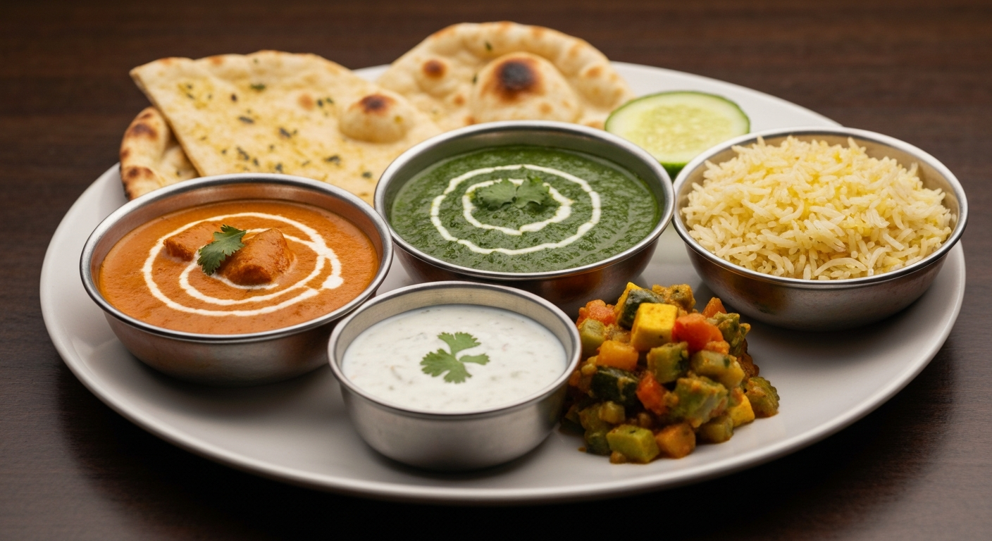 A vibrant and professionally plated Indian Thali with an assortment of curries, rice, naan, and raita, showcasing high-quality, authentic Indian cuisine.