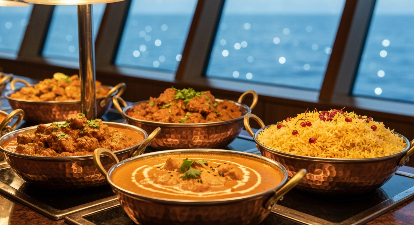 Indian curry buffet spread aboard a cruise ship dining room