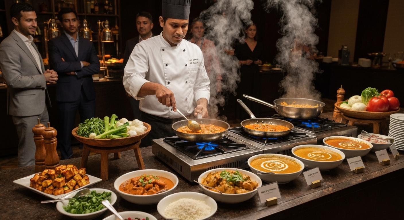 Professional chef preparing fresh, customizable Indian curries at a vibrant live cooking station in a hotel event buffet, with guests interacting and selecting ingredients.