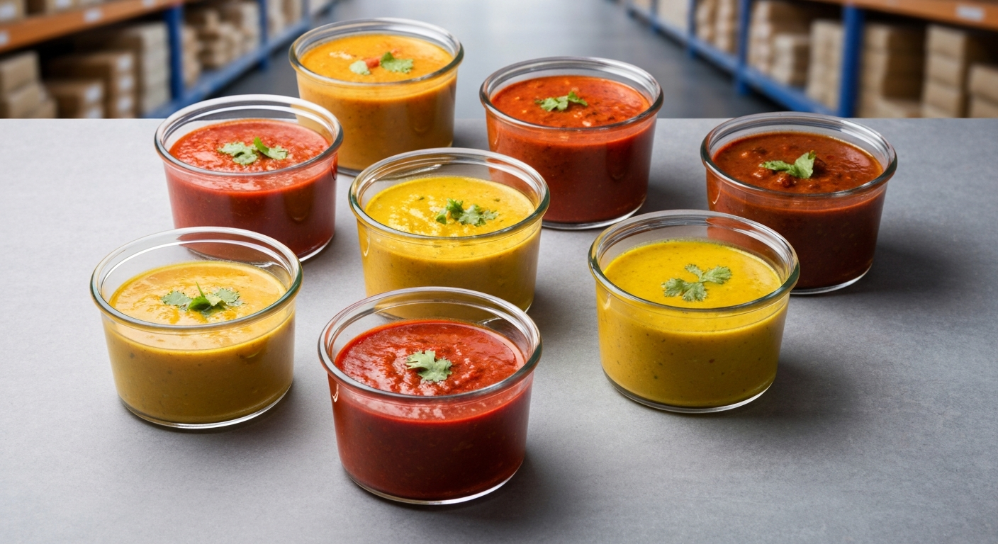 Assortment of AVENOR brand Indian gravies in clear containers, highlighting supply chain transparency in a professional warehouse setting.