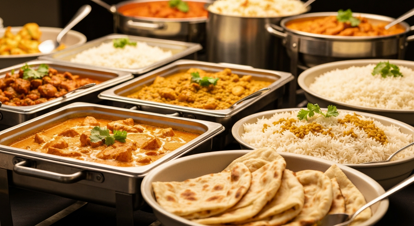 A visually appealing buffet spread of various Indian dishes, including a rich butter chicken, vibrant dal, fluffy basmati rice, and fresh naan, arranged in elegant chafing dishes and serving bowls at a large event.