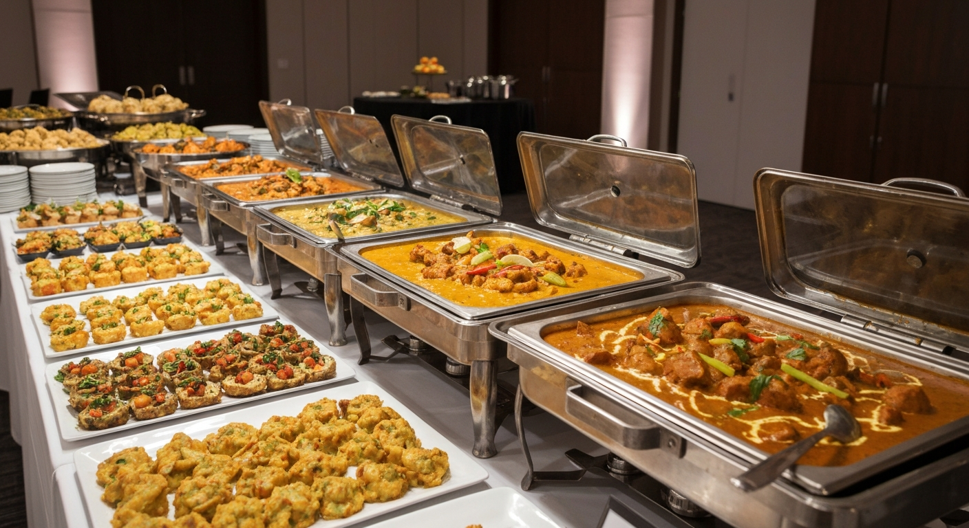 A lavish Indian corporate catering buffet spread with vibrant curries, biryani, and appetizers in elegant serving dishes.