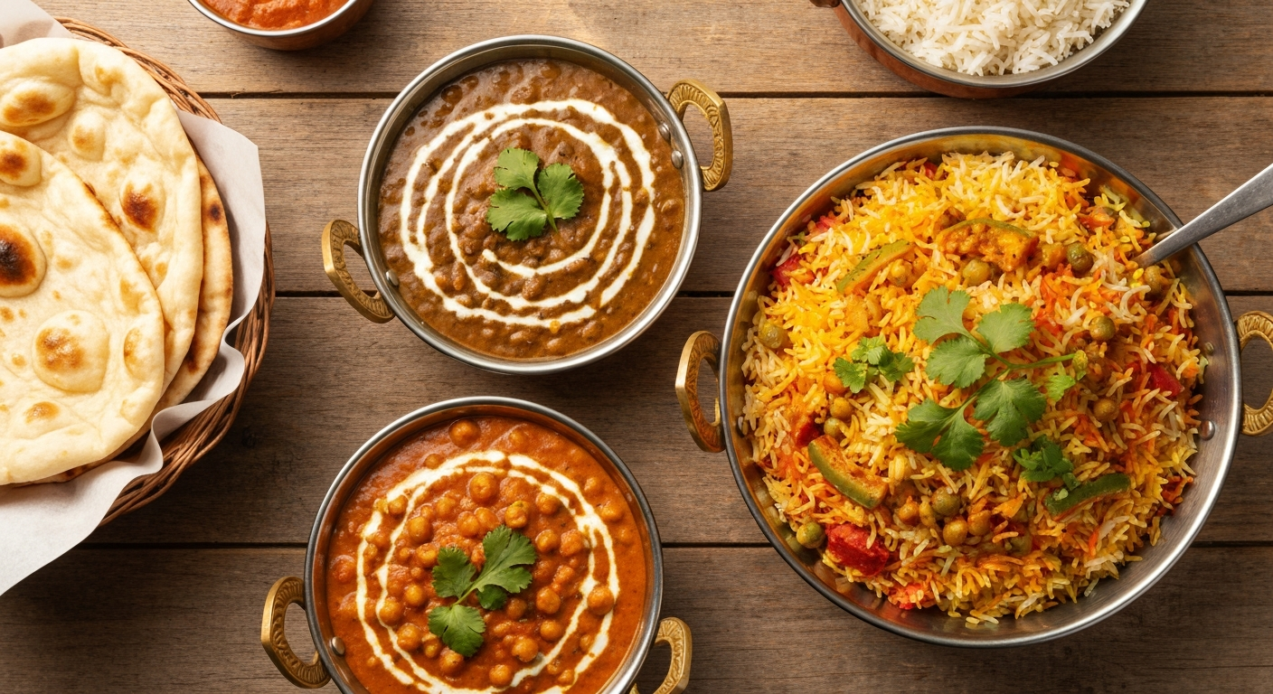 An overhead shot of three vibrant, authentic Indian vegetarian dishes: a creamy Dal Makhani, a rich Chana Masala, and a colorful Vegetable Biryani, served in traditional copper karahi bowls, garnished with fresh cilantro, with naan bread and basmati rice in the background.