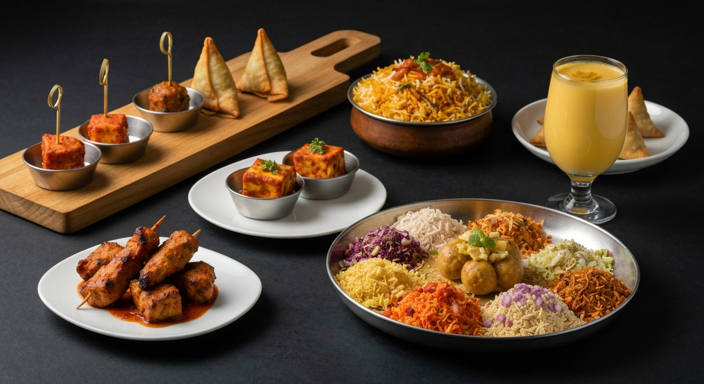 A diverse spread of Indian dishes suitable for various hotel outlets, including mini samosas, tandoori skewers, small biryani bowls, and a vibrant chaat platter, presented elegantly in a modern hotel setting.