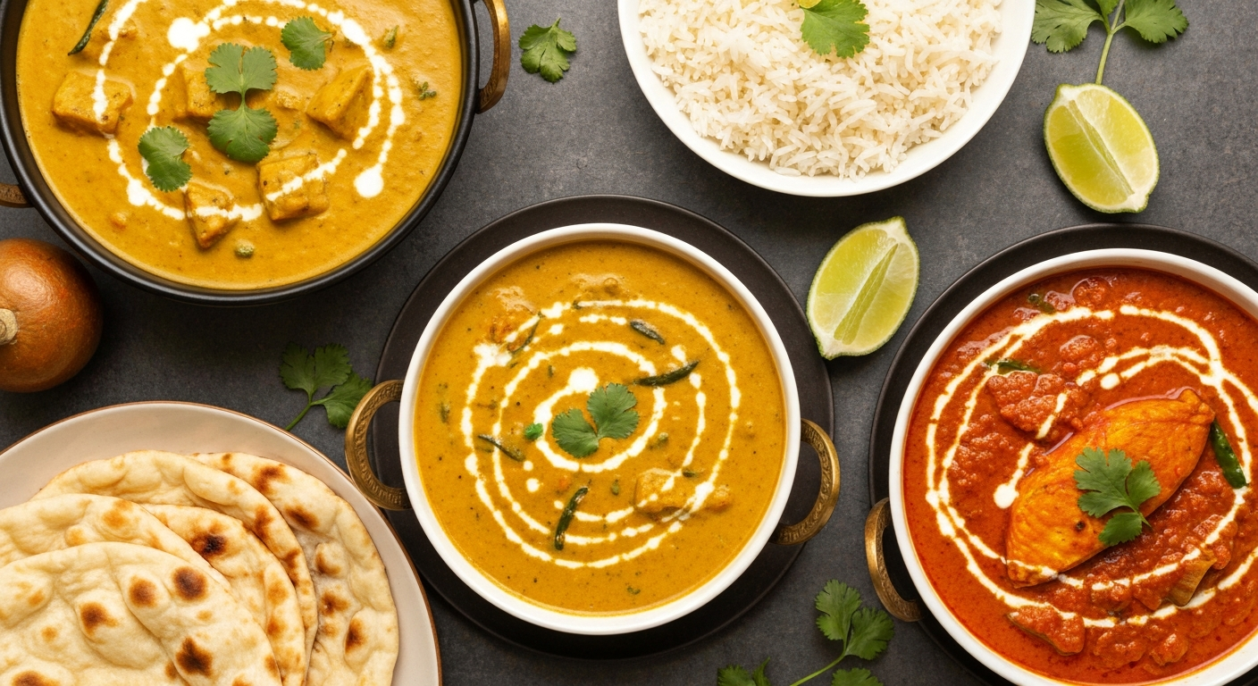 A vibrant spread of regional Indian dishes, including a rich North Indian butter chicken, a spicy South Indian fish curry with rice, and fresh naan bread, professionally plated for a virtual restaurant menu.