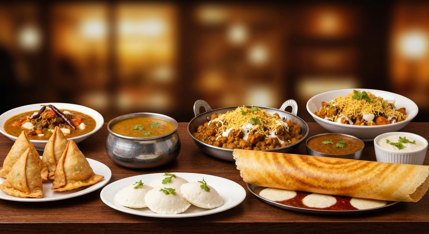Vibrant and diverse Indian corporate catering buffet spread with biryani, curries, naan, and lentil dishes in elegant chafing dishes.