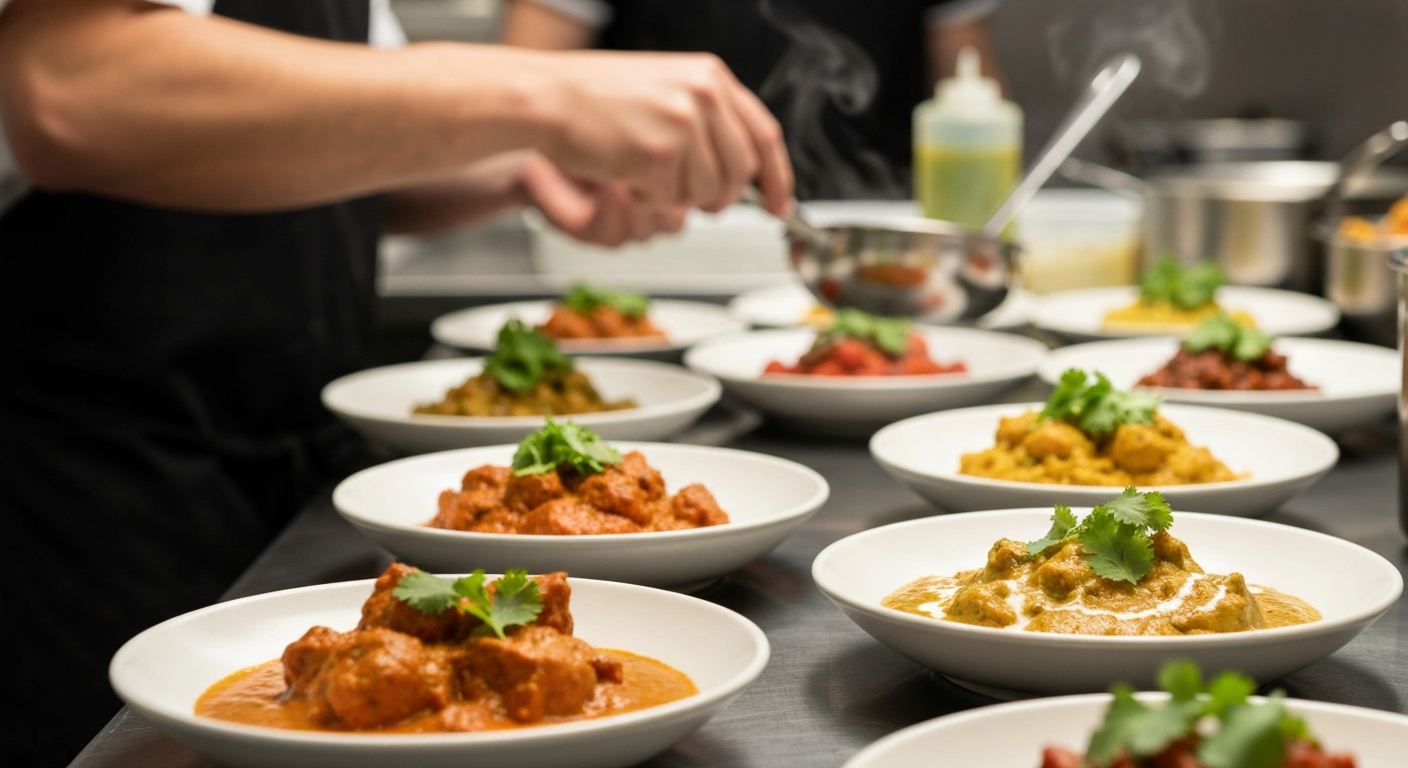 Indian ready-to-cook dishes plated in a professional restaurant kitchen