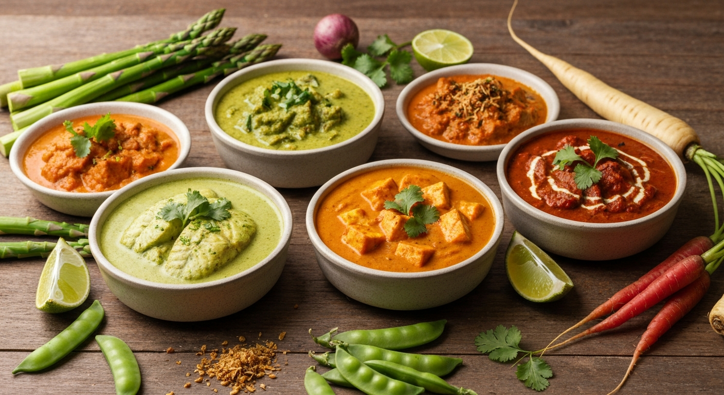 A vibrant and inviting display of various Indian curries in small, elegant bowls, accompanied by fresh seasonal vegetables like asparagus, snap peas, and root vegetables, and garnishes such as cilantro and lime wedges, suggesting a seasonal Indian menu.