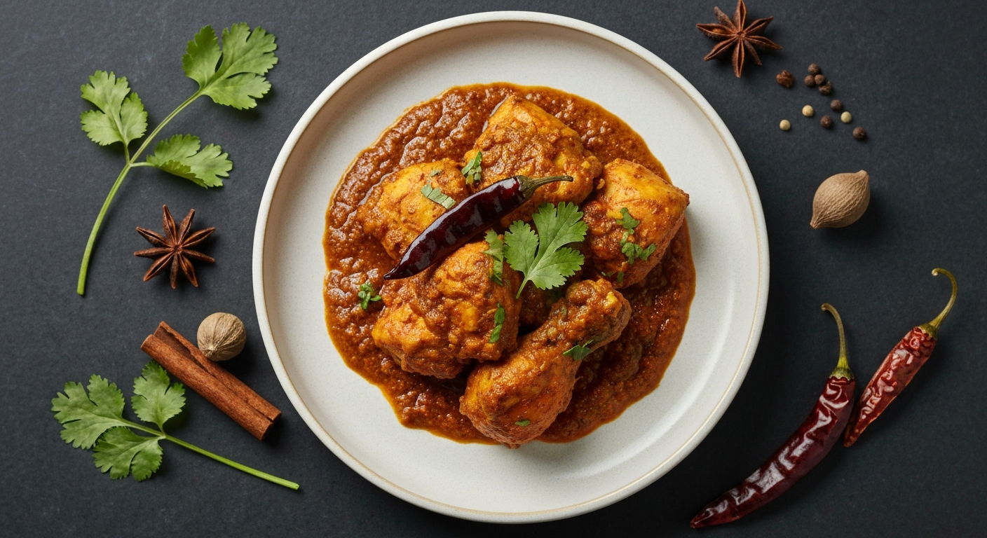 Elegantly plated Goan Xacuti with chicken and fresh cilantro, surrounded by whole spices, on a professional ceramic plate.
