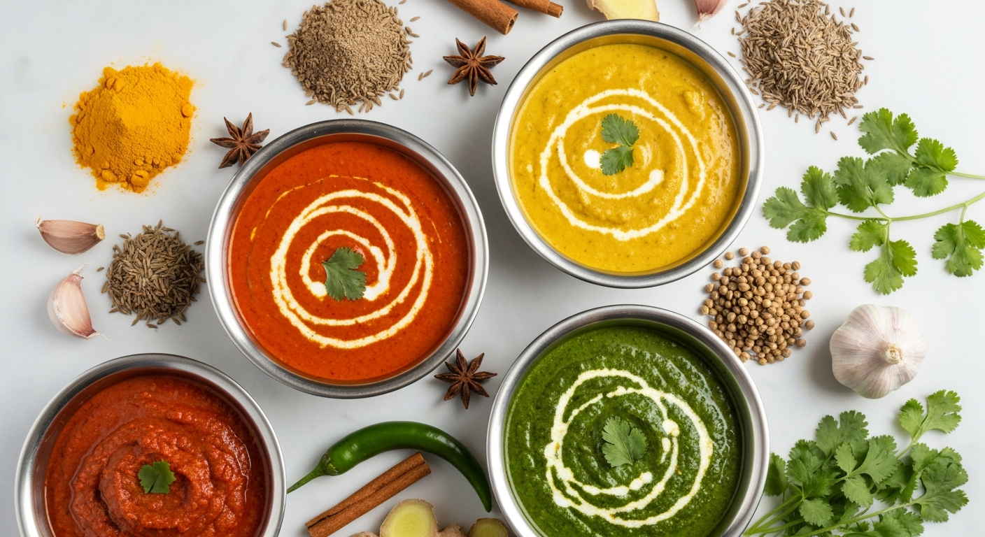 An overhead shot of an array of vibrant Indian gravies and pastes in stainless steel bowls, with various spices and fresh ingredients artfully arranged around them on a rustic wooden table, suggesting culinary readiness and authentic flavors.