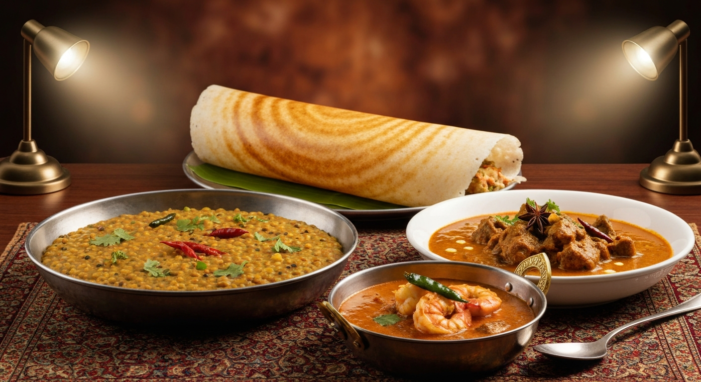 A vibrant and diverse spread of Indian dishes, including a golden dosa with sambar, a rich green curry, a hearty lentil dal, and a bright Goan fish curry, all professionally plated.