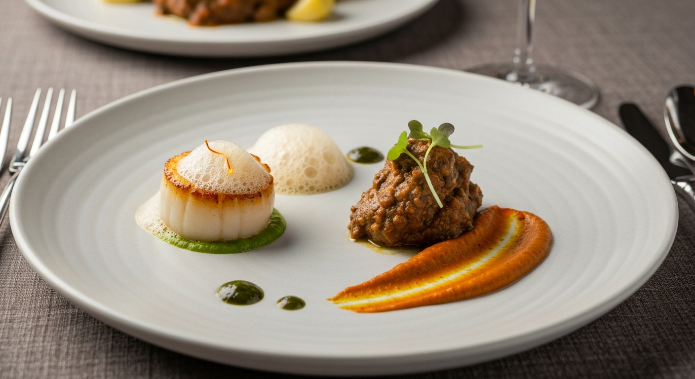 A beautifully plated modern Indian fusion dish, possibly a curry-spiced pasta or a sophisticated tandoori-spiced protein with elegant garnishes, in a fine dining setting.