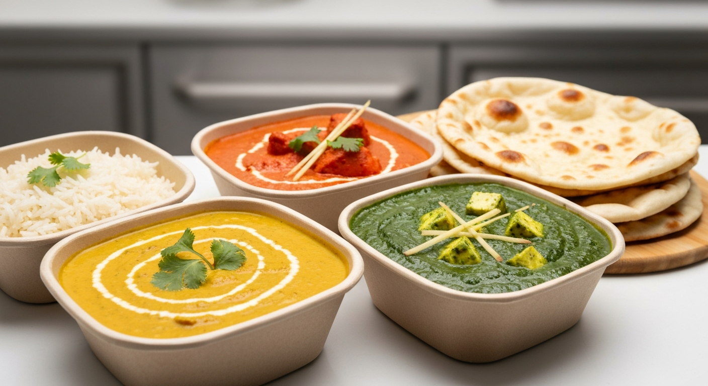 A modern, minimalist ghost kitchen counter showcasing three distinct, vibrant Indian curries in sleek, delivery-ready containers, garnished with fresh herbs, alongside a stack of flatbreads and rice, emphasizing efficiency and diverse menu options.