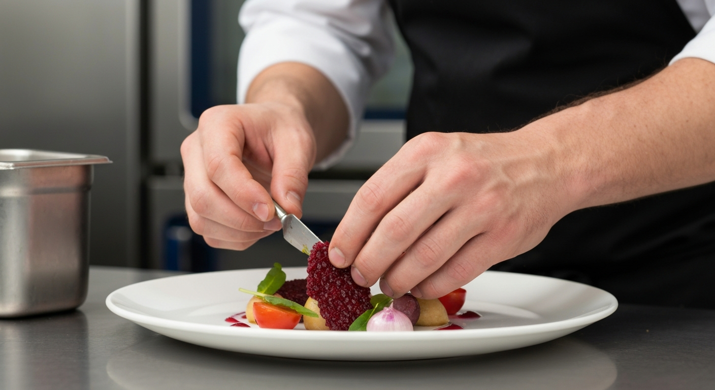 A professional chef meticulously plating an authentic Indian curry dish, with a background of modern, organized kitchen equipment and vibrant spices.