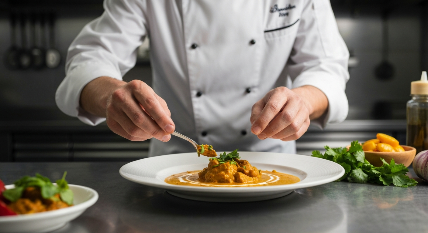 A professional chef, wearing a white chef's coat, confidently garnishing a vibrant Indian curry dish with fresh herbs in a modern, well-lit kitchen. Various Indian spices and high-quality ingredients are visible in the background, out of focus.