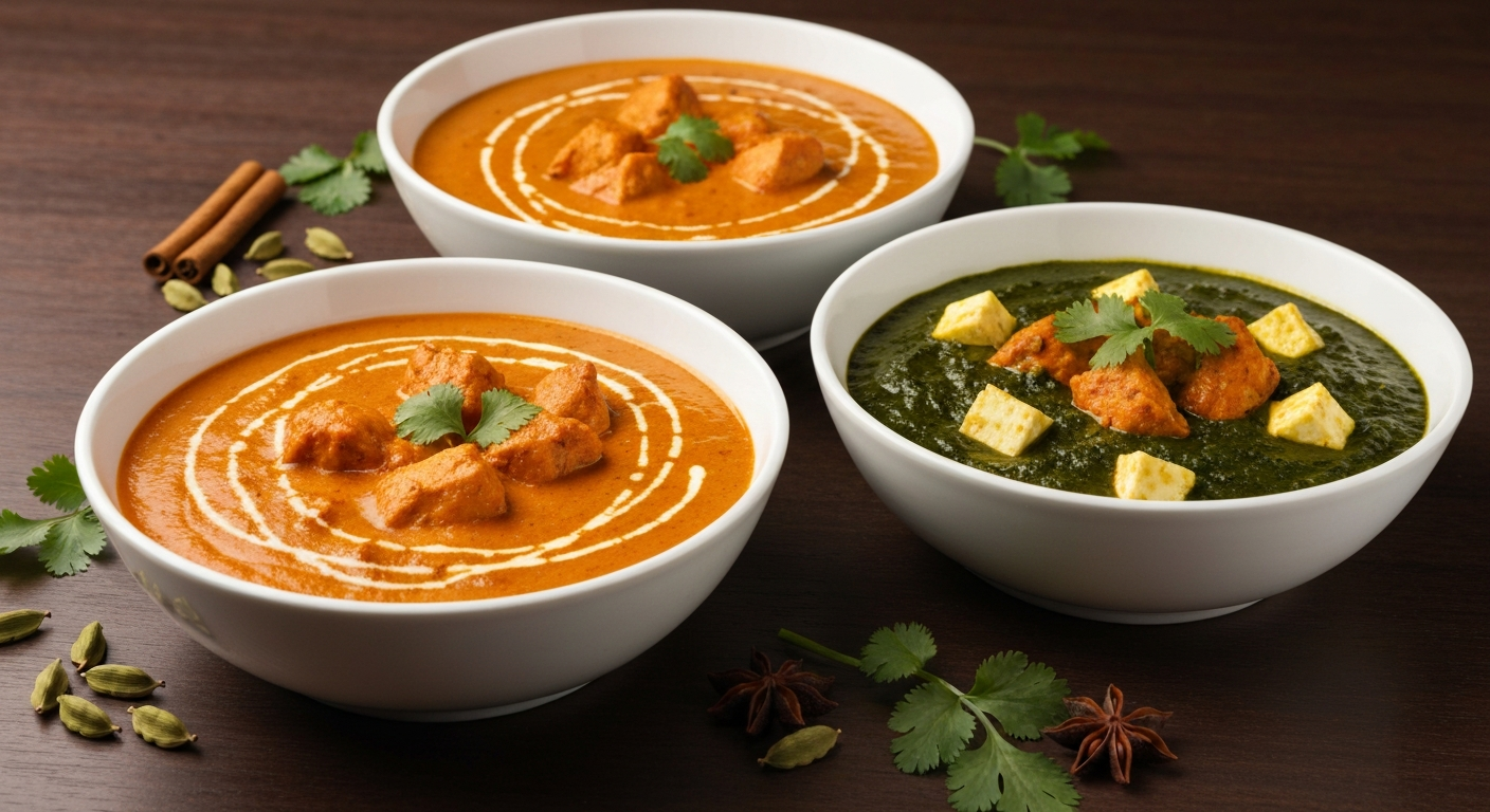 Three vibrant Indian curries (Butter Chicken, Palak Paneer, Chicken Tikka Masala) in white bowls, with scattered whole spices and cilantro, on a dark wooden table.