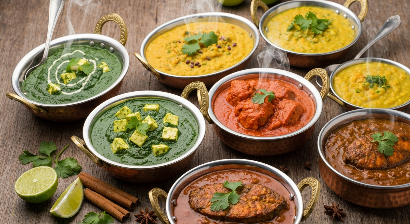 A vibrant and artfully arranged spread of diverse Indian dishes, showcasing regional variety and modern culinary presentation, including a plant-based curry, a rich regional gravy, and a bowl of fragrant basmati rice.