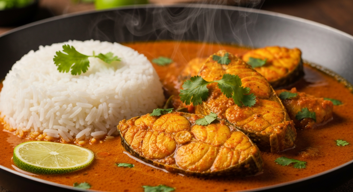 An artfully plated, vibrant Goan fish curry with fluffy white rice and fresh herbs, showcasing rich, authentic Indian flavors.