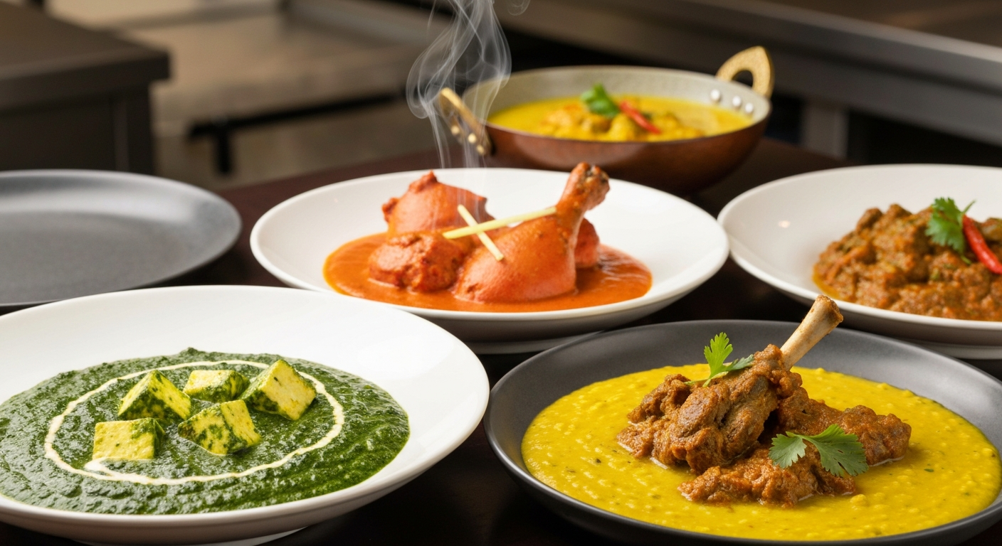 An array of vibrant, gourmet Indian dishes, including butter chicken, lamb rogan josh, and a vegetable curry, elegantly plated in a professional restaurant setting, showcasing efficiency and quality.