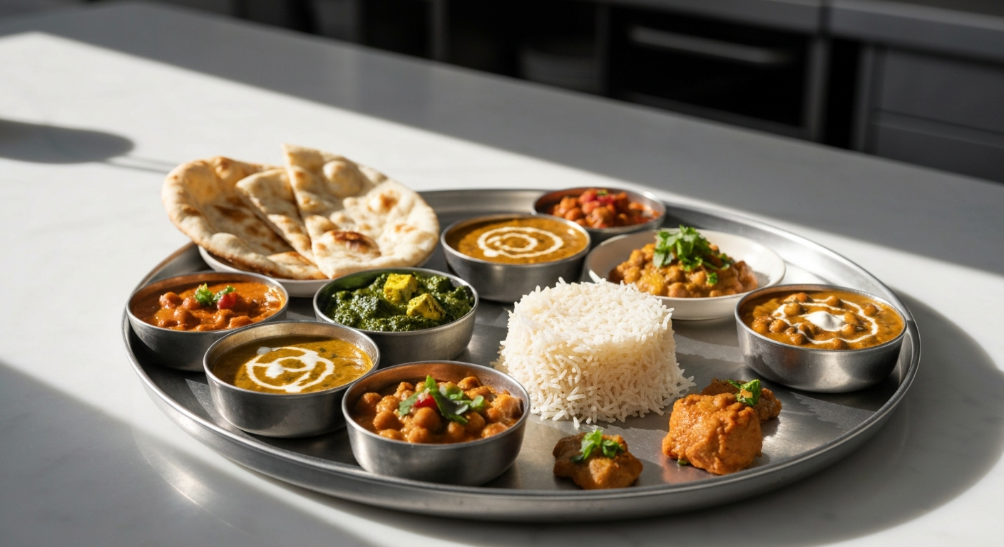 A vibrant and fresh Indian thali with small bowls of colorful curries, dal, rice, and naan, arranged on a sustainable, perhaps wooden, serving board in a professional kitchen setting.