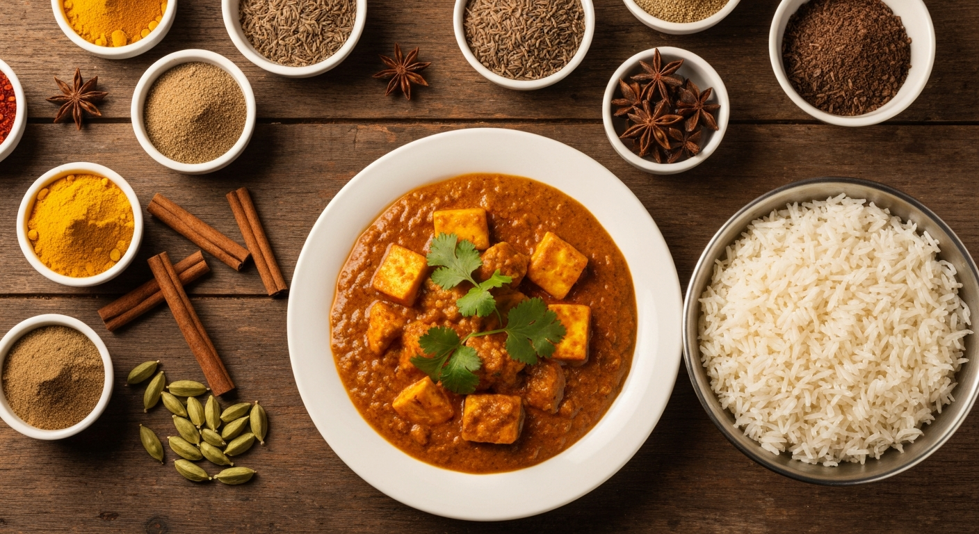 A vibrant array of authentic Indian spices, including turmeric, cumin, coriander, and cardamom pods, displayed alongside a bowl of rich, orange Indian curry gravy and fluffy basmati rice, showcasing fresh, high-quality ingredients ready for professional kitchen use.