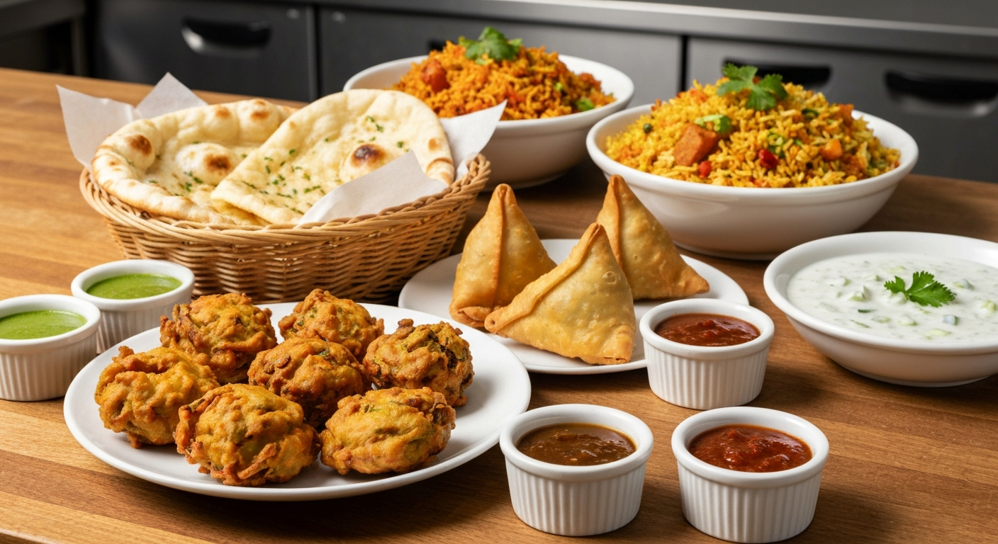 An appetizing spread of various Indian appetizers and side dishes, including crispy vegetable pakoras, golden samosas, a basket of freshly baked garlic naan, and a vibrant bowl of vegetable pulao, all arranged on a rustic wooden table in a professional kitchen setting.