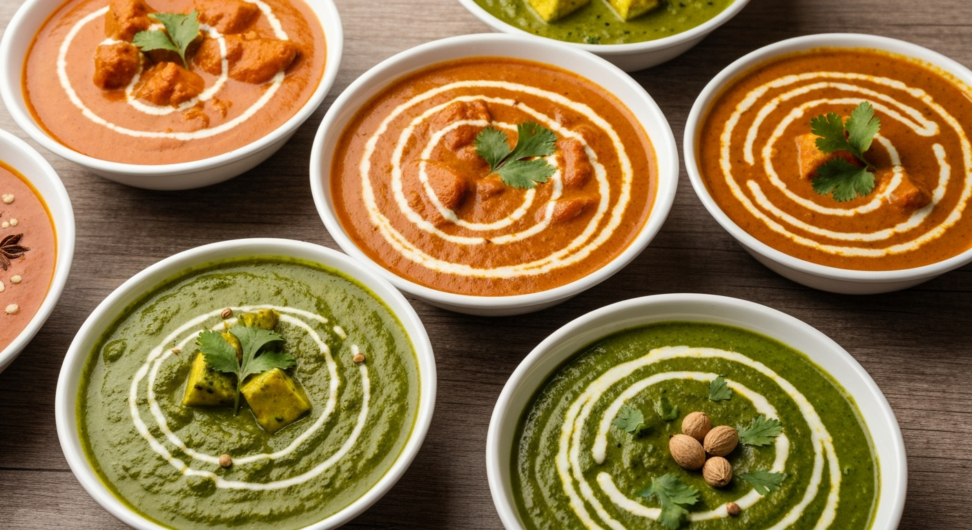 Assortment of vibrant Indian curries and gravies in professional white bowls, garnished with fresh herbs and spices, with a backdrop of rustic wooden textures, showcasing rich colors and inviting textures.