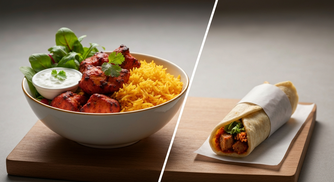 A vibrant and artfully arranged Indian chicken tikka bowl with basmati rice, fresh salad, and a side of cooling raita, next to a perfectly wrapped Indian paneer Kathi roll, presented on a rustic wooden board in a professional kitchen setting.