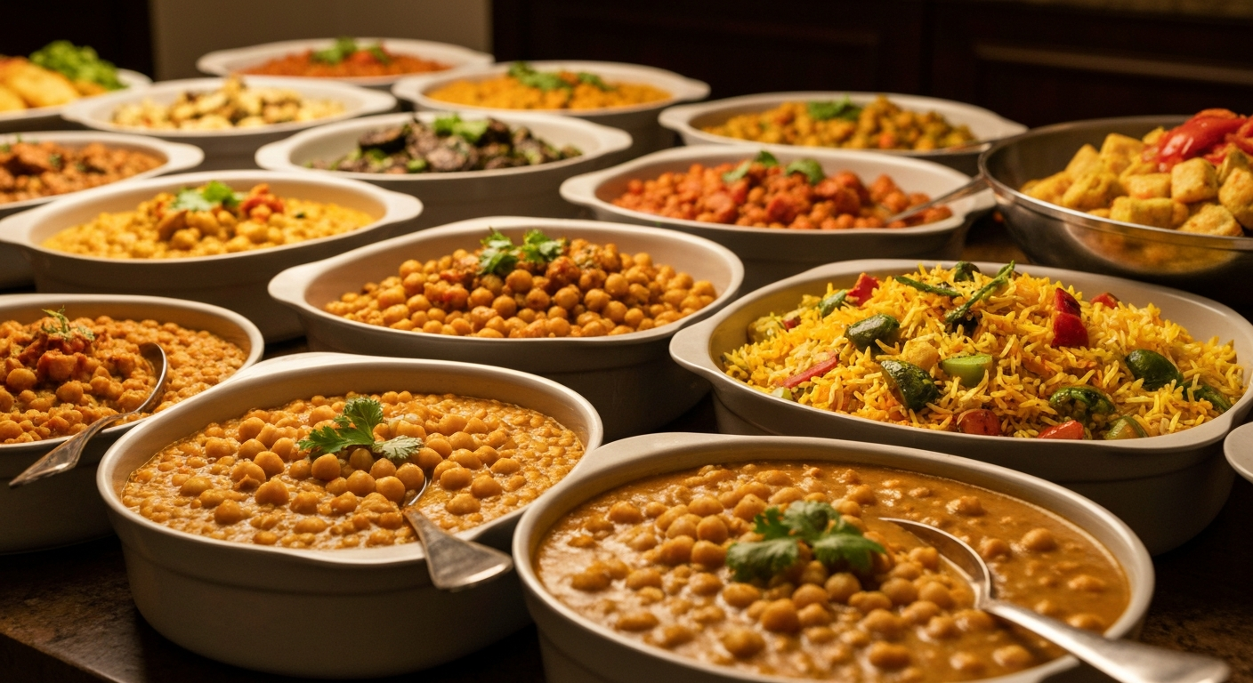 A vibrant and appetizing hotel buffet spread featuring a variety of high-protein, plant-based Indian dishes, including colorful lentil dals, chickpea curries, and vegetable biryani, elegantly presented.