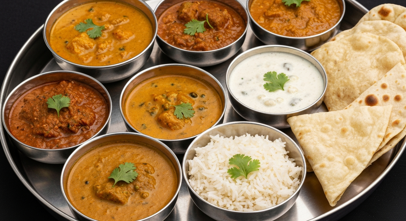 Vibrant Indian thali platter with diverse regional dishes, showcasing adaptability and rich flavors suitable for a localized ghost kitchen menu