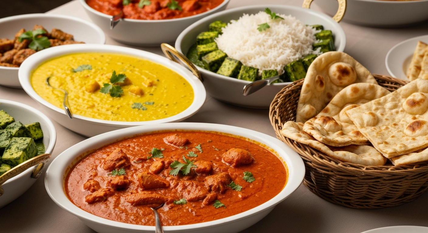 Elegant buffet spread of various Indian dishes, including vibrant curries, fragrant rice, and assorted breads, meticulously arranged for a corporate event.