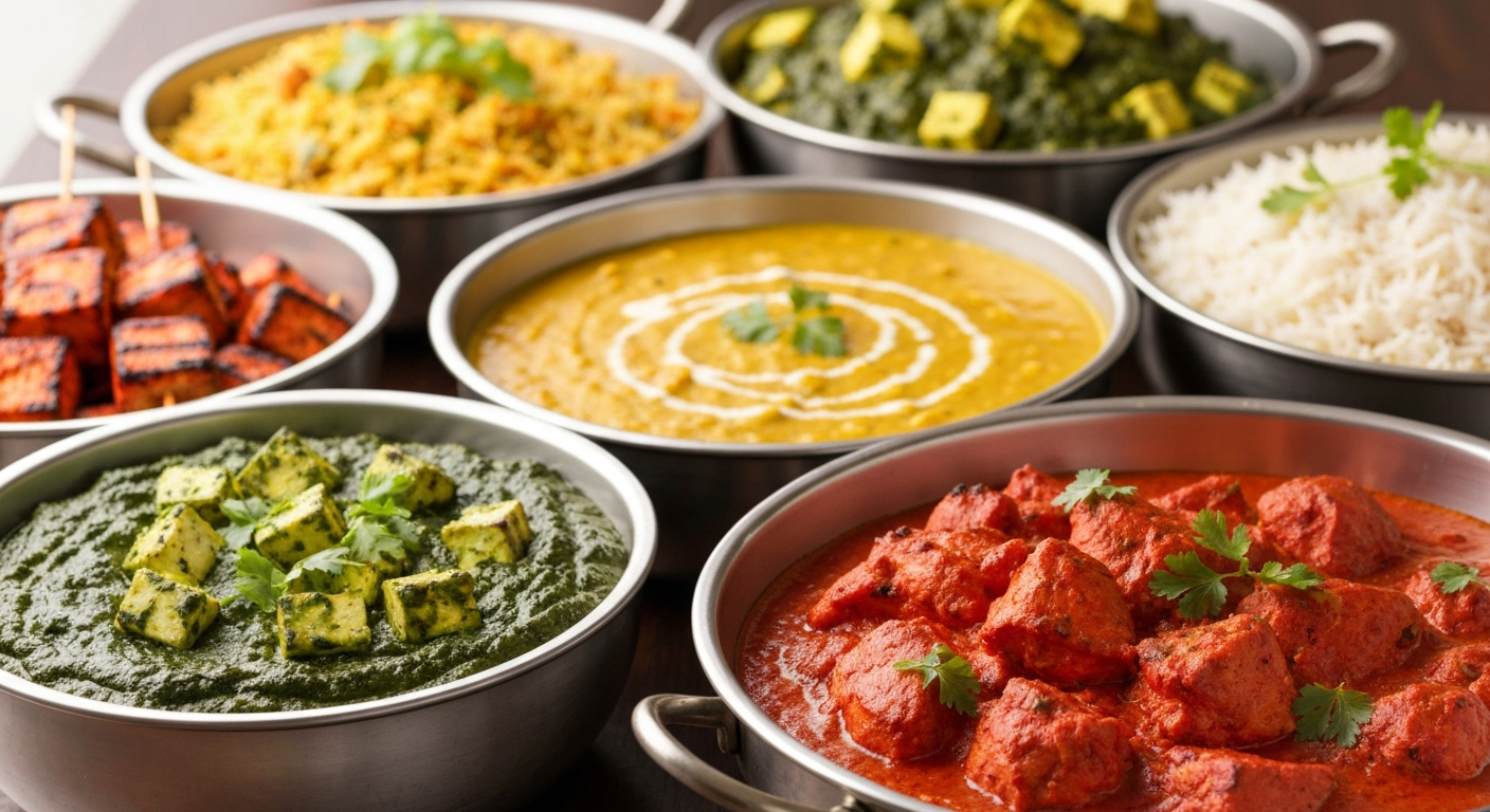 A beautifully arranged gluten-free Indian catering spread featuring vibrant curries, basmati rice, dal, grilled paneer tikka skewers, and fresh cilantro garnish, presented on elegant serving platters.